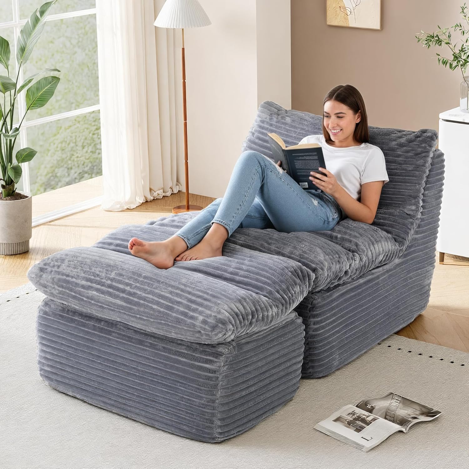 COLAMY Bean Bag Chair, Lounge Chair with Removable Ottoman for Adults, Comfy Fabric Sofa Bed Couch with Memory Foam, Backrest for Living Room, Office, Bedroom, Grey