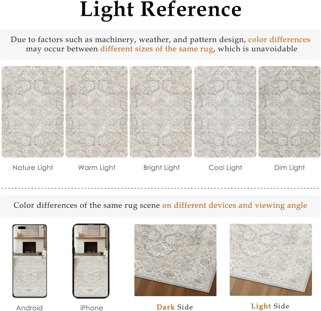 HUGEAR 4x6 Washable Area Rugs for Living Room Bedroom Beige Grey Vintage Large Soft Carpet Rug Non-Shedding & Non-Slip Low Pile Indoor Home Decor Dining Room Kitchen Office Floor Mat