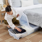 Rubbermaid 68 Quart Under the Bed Low Profile Storage Boxes with Dual Hinged Lids and Easy Rolling Caster Wheels, Clear, 2 Pack