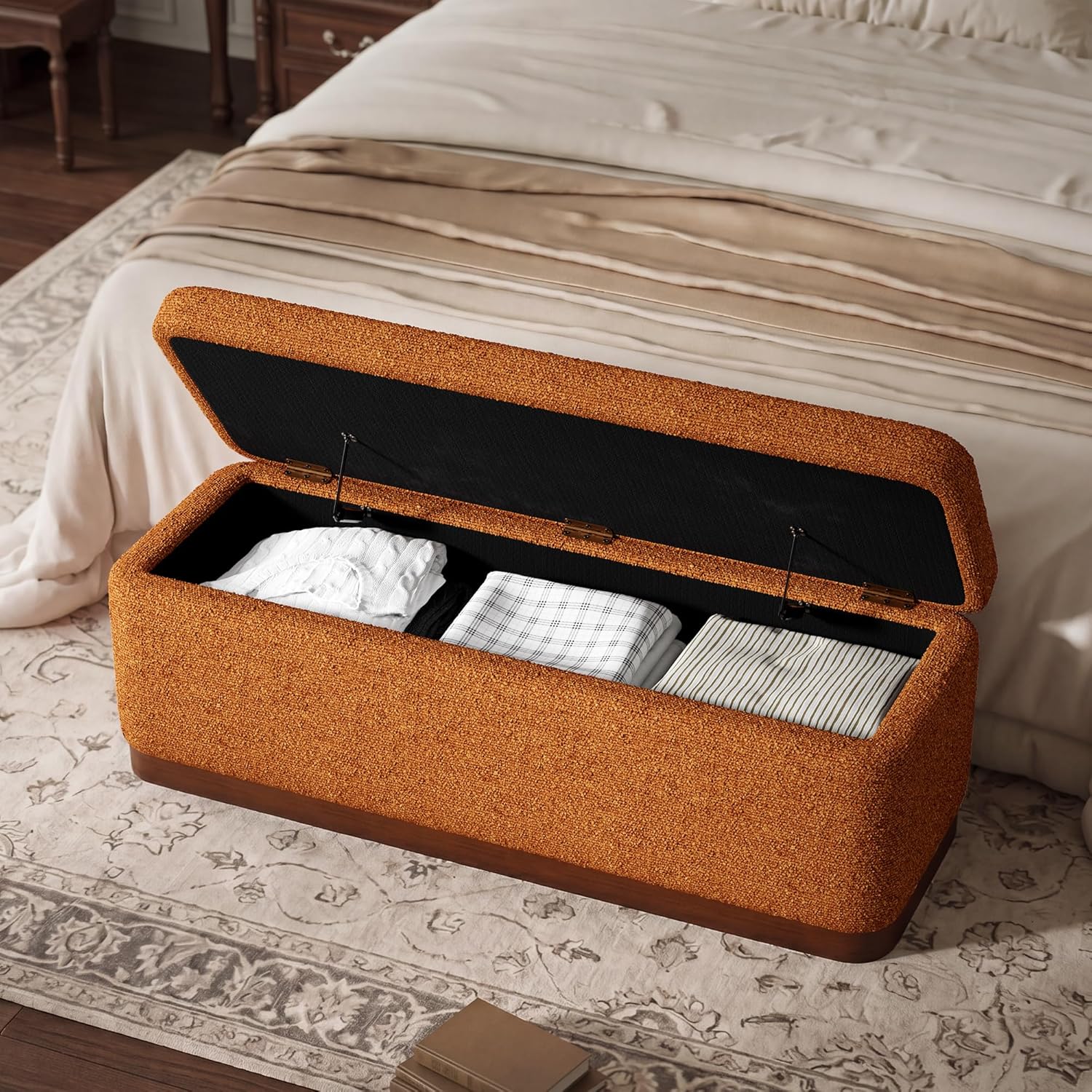46'' Storage Bench for Bedroom, Modern Storage Ottoman Bench with Walnut Grain Base, Upholstered Bench with 27 Gallons Storage Space for Bedroom End of Bed, Entryway, Living Room, Orange