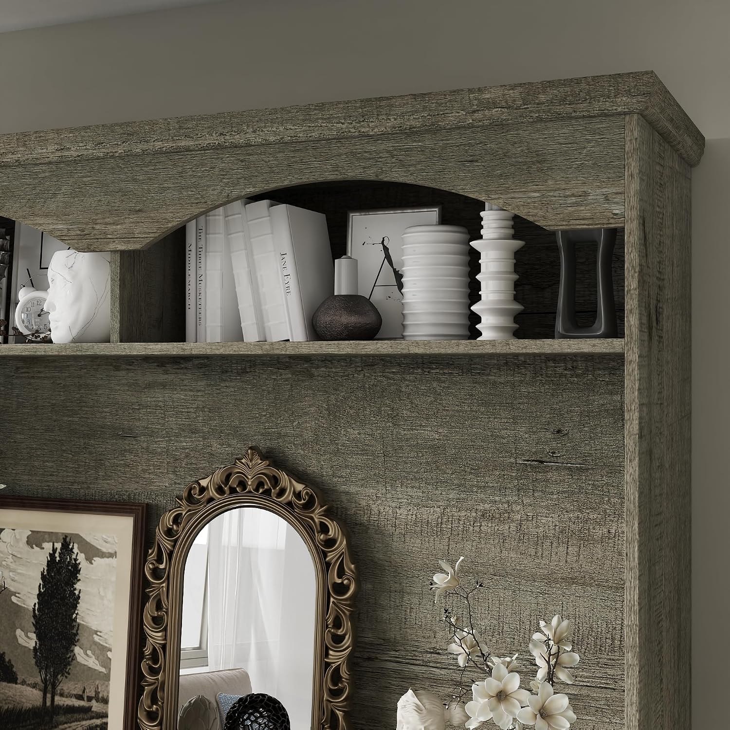 70.9" H Kitchen Pantry Storage Cabinet with Microwave Stand, Shelves & Doors, Farmhouse Tall Cupboard Console Table with Adjustable Shelves & Vintage Handles for Living Dining Room