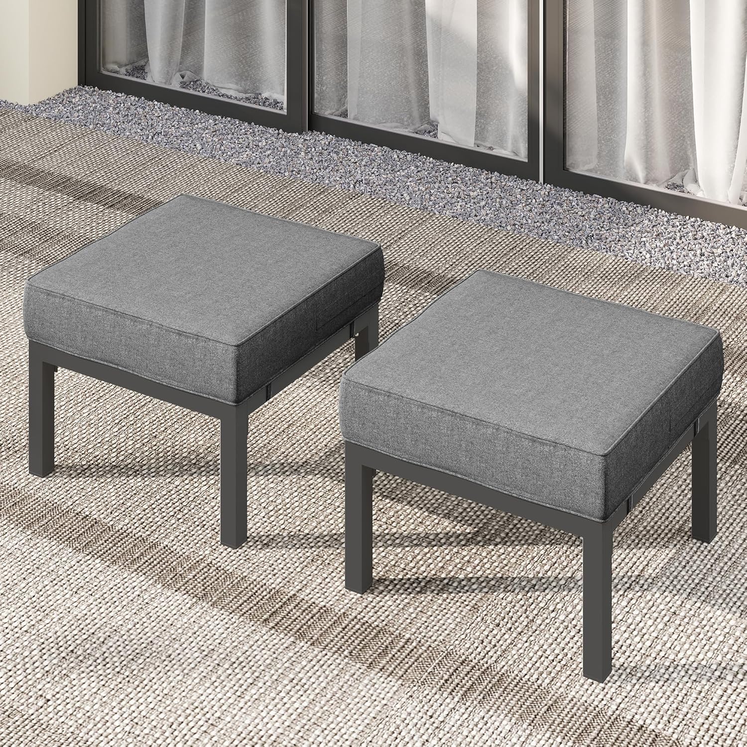 Wisteria Lane Outdoor Footstools Patio Ottoman Set of 2, Aluminum All-Weather Outdoor Footrest Seat with Removable Cushions, Patio Furniture Ottomans for Garden, Backyard, Poolside-Gray