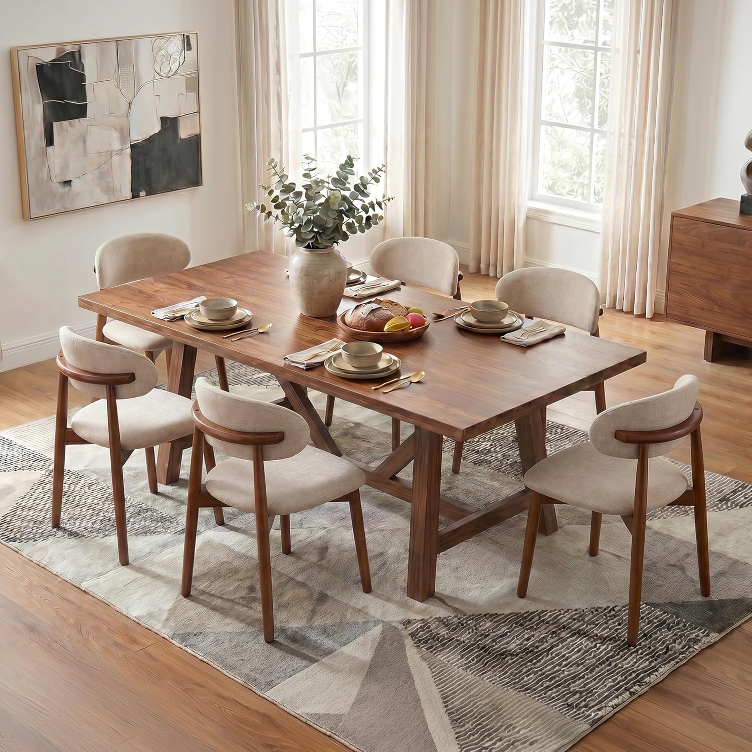 Mid Century Modern Dining Chairs Set of 6, Farmhouse Wooden Fabric Upholstered Kitchen Chairs with Curve Back, Mid-Century Dining Room Chairs for Living Room Restaurant Cafe with Brown Legs, Camel