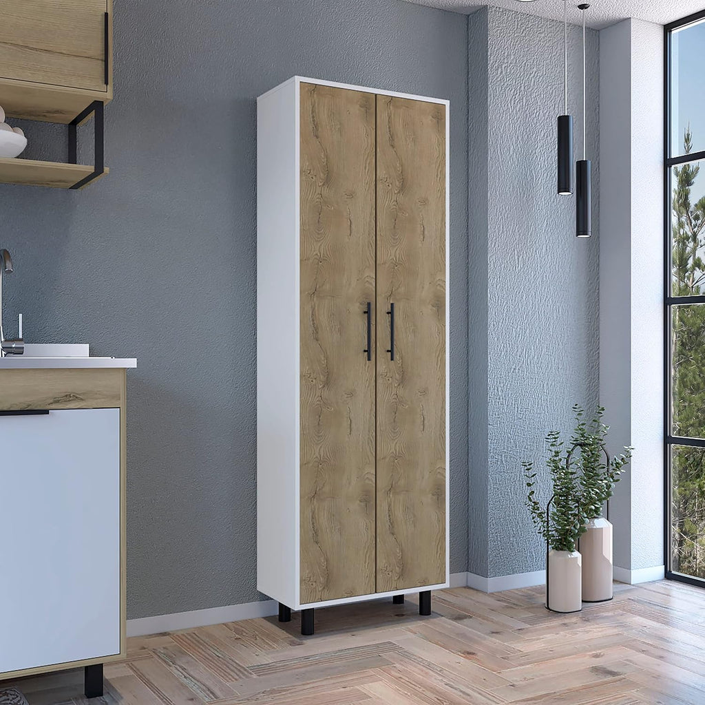 23.6" D*11.8" W*70.9" H White Corner Kitchen Pantry, 5 Adjustable Shelves & Metal Handles, Natural Wood Double Door, Freestanding Storage Cabinet, Modern, for Living Room, Dining Room