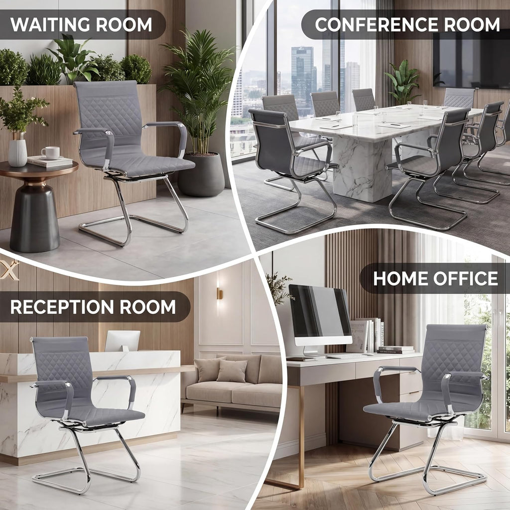 VESCASA Set of 2 Office Guest Chairs with Padded Arms, Stationary PU Leather Reception Chairs No Wheels, Sled Base Side Chair for Small Meeting Room or Home Office (Gray)