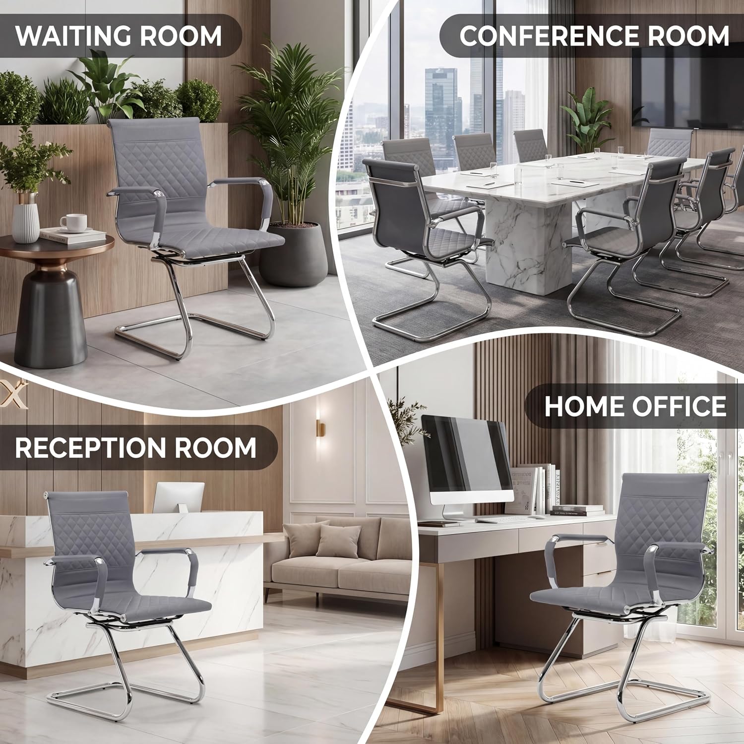 VESCASA Set of 2 Office Guest Chairs with Padded Arms, Stationary PU Leather Reception Chairs No Wheels, Sled Base Side Chair for Small Meeting Room or Home Office (Gray)