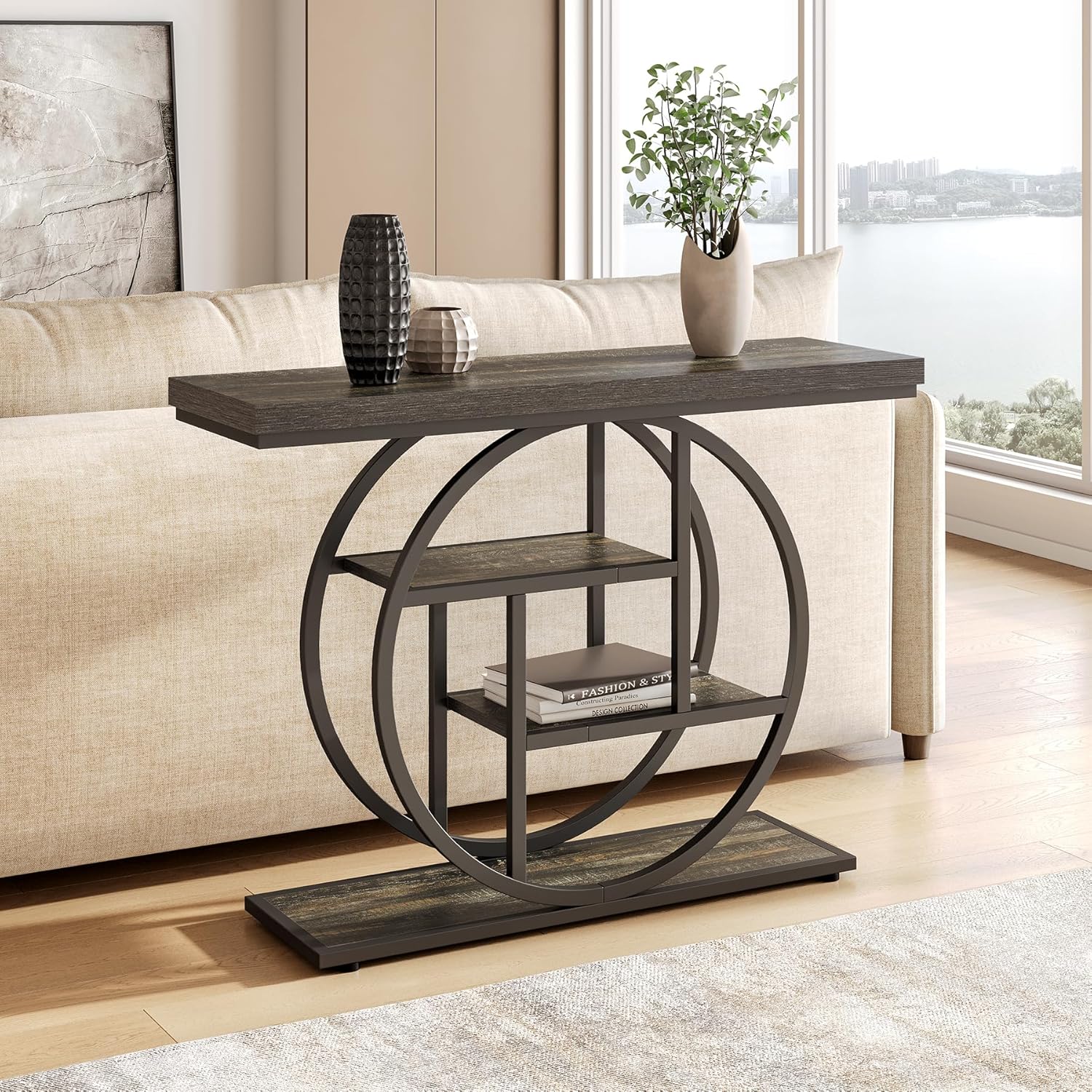LITTLE TREE Console Table, 4-Tier Entryway Table, 41.3-Inch Industrial Sofa Table for Living Room, Foyer Hallway Table for Entrance, Deep Grey and Black