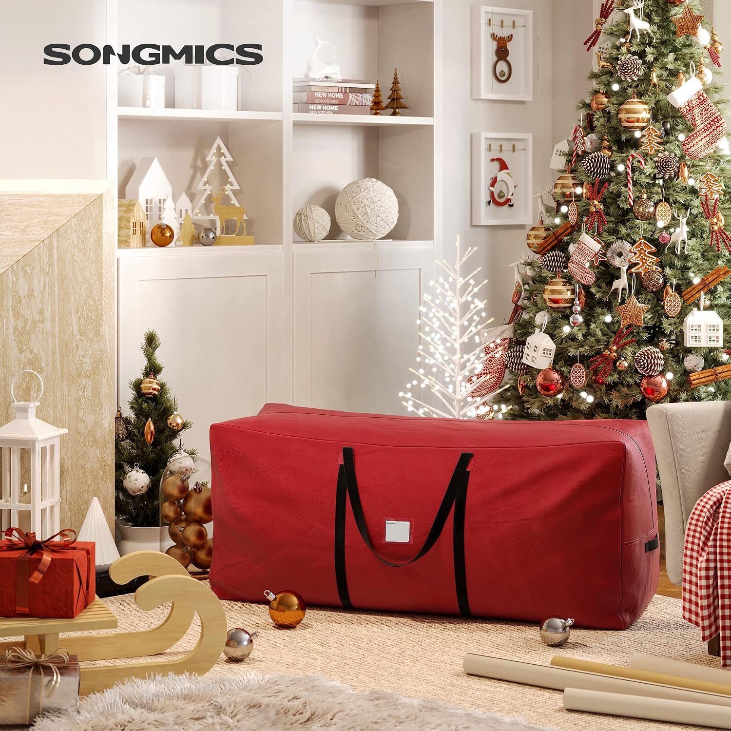 SONGMICS Christmas Tree Storage Bag, Holiday Tree Storage Container, up to 9 ft, Tree Holder Bag, Wear-Resistant 600D Oxford Fabric, Lightweight, Thick Handles, Red URXS003R01