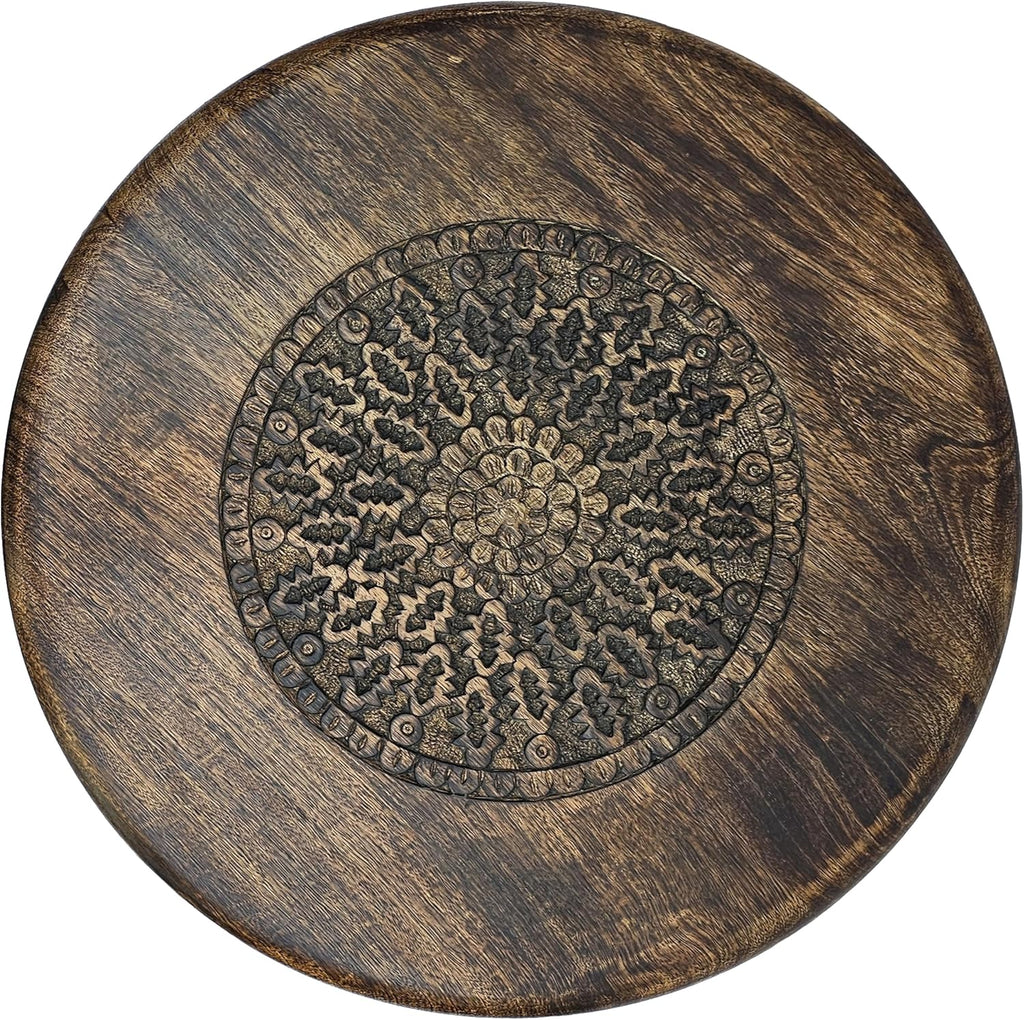 TUP THE URBAN PORT AMA 22 Inch Side End Table, Round Top, Indian Mandala Floral Carving, 3 Legs, Brown Mango Wood
