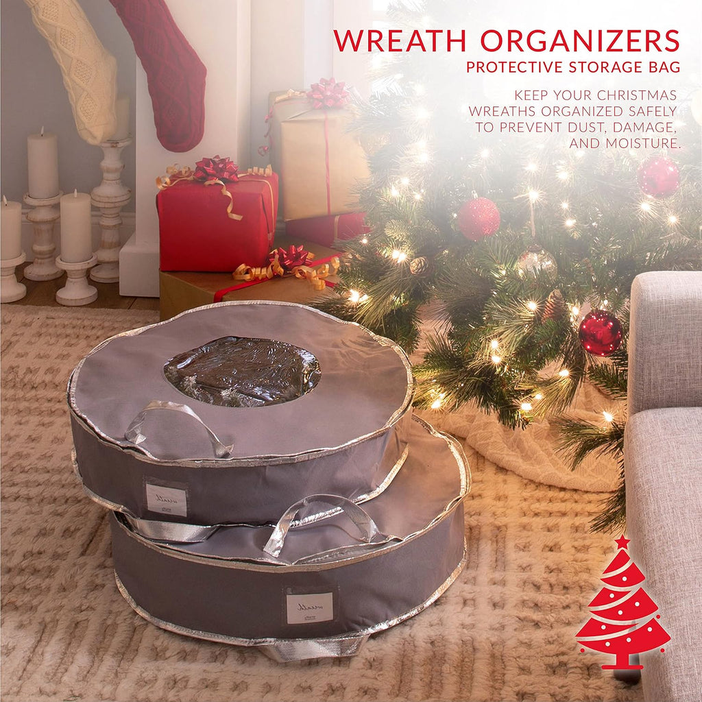 Simplify 24 Inch Wreath Bags | 2 Pack | Christmas Storage | Holiday Decorations | Round Zippered Bag | Protects Wreathes | Durable Material | Collapsible | Grey