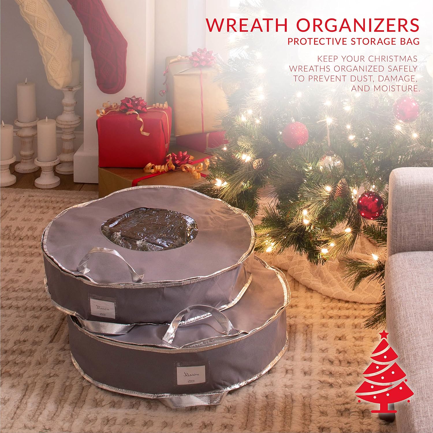 Simplify 24 Inch Wreath Bags | 2 Pack | Christmas Storage | Holiday Decorations | Round Zippered Bag | Protects Wreathes | Durable Material | Collapsible | Grey