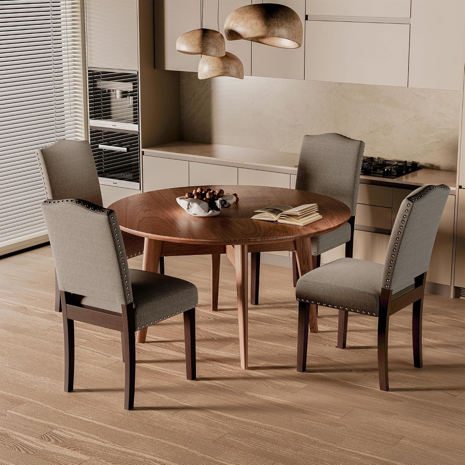 Upholstered Dining Chairs Set of 4 with Thickened Seat Cushion, Wooden Mid-Century Modern Fabric Farmhouse Kitchen Chairs for Dining Room Living/Restaurant/Reading Room