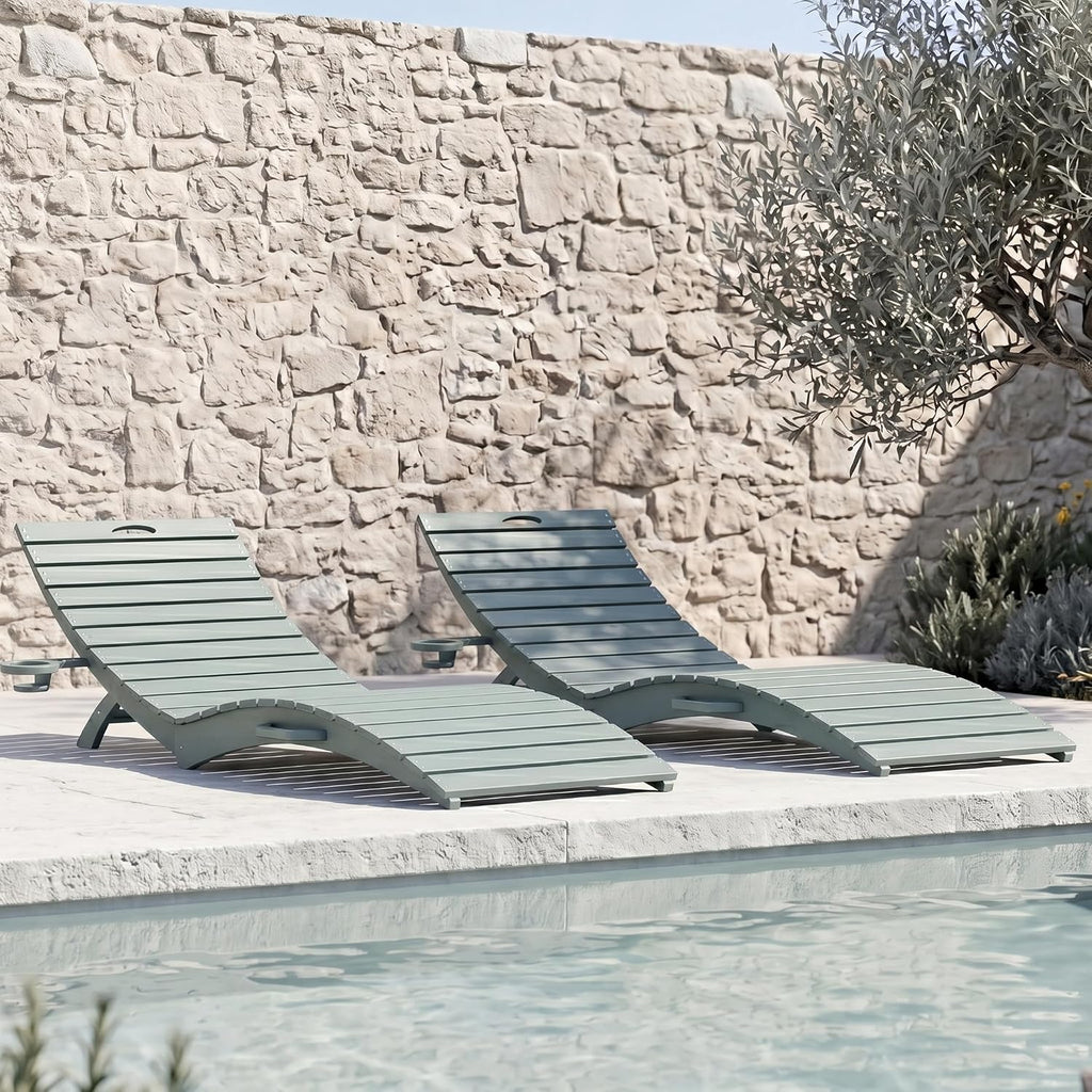 PLUUV HDPE Folding Pool Lounge Chairs Set of 2, Use in Pool Lounge Chairs up to 8-Inches of Water, Pre-Assembled Lounge Chair with Cup Holders, for Hotel, Resort, Poolside, Sun Decks -Light Blue