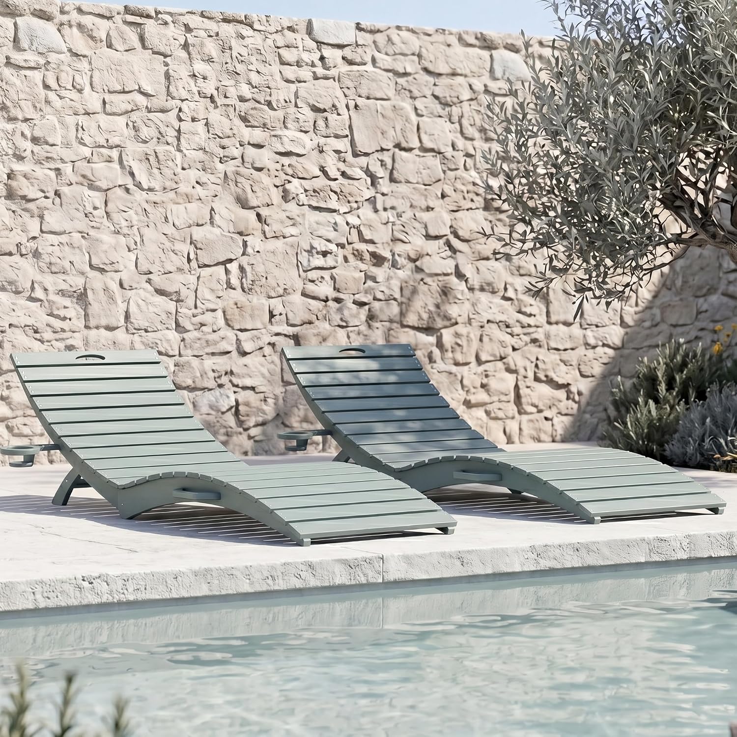 PLUUV HDPE Folding Pool Lounge Chairs Set of 2, Use in Pool Lounge Chairs up to 8-Inches of Water, Pre-Assembled Lounge Chair with Cup Holders, for Hotel, Resort, Poolside, Sun Decks -Light Blue