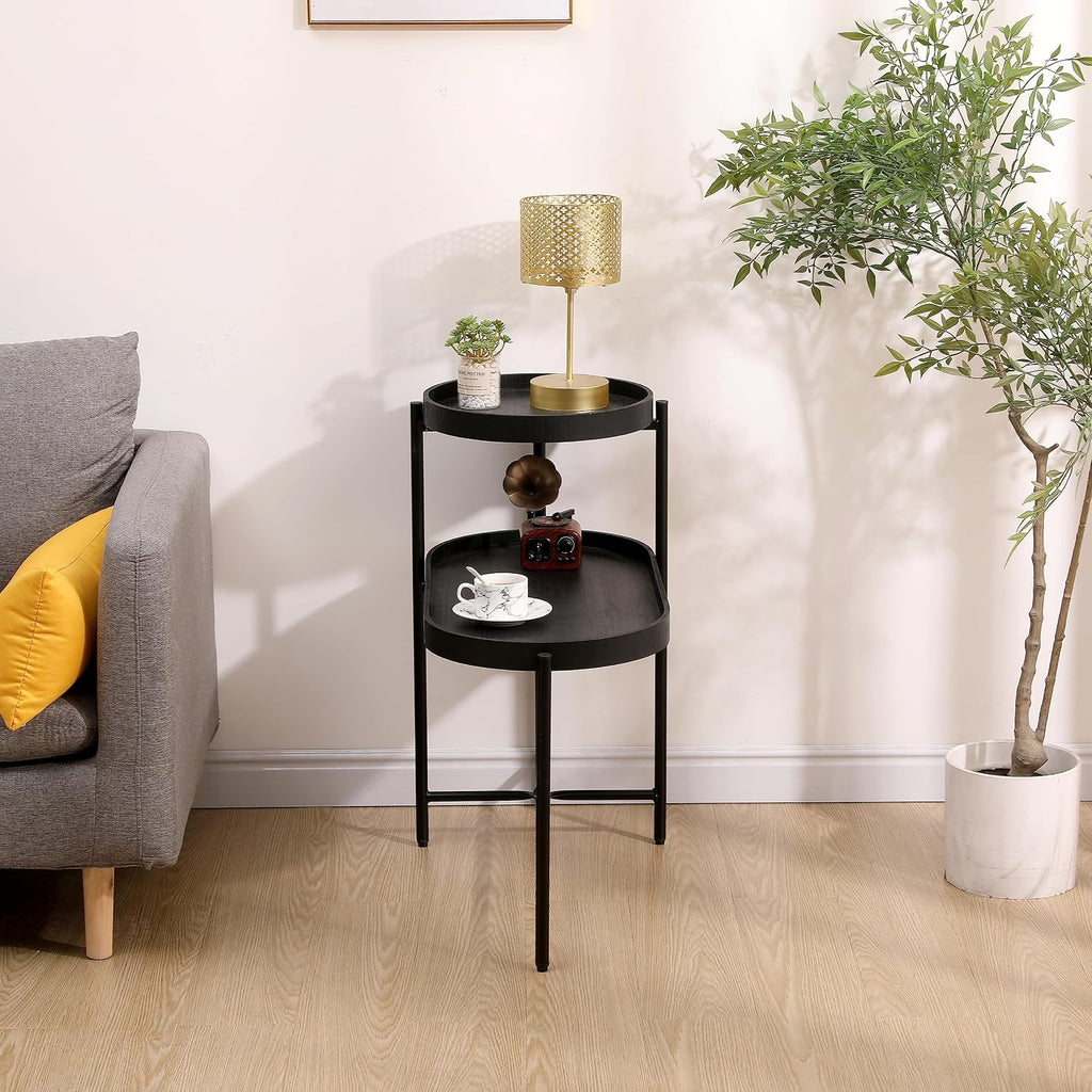 2-Tier Side Table with Storage, Black End Table Sofa Table for Living Room & Bedroom - Sturdy X-Shape Metal Frame and Wooden Tray, Easy to Assemble Modern Accent Table for Office, Apartment