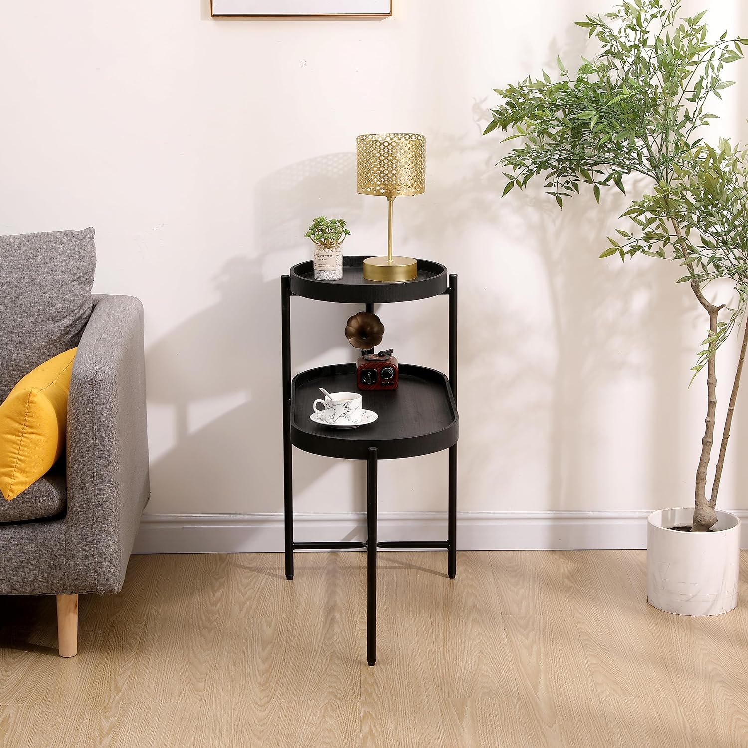 2-Tier Side Table with Storage, Black End Table Sofa Table for Living Room & Bedroom - Sturdy X-Shape Metal Frame and Wooden Tray, Easy to Assemble Modern Accent Table for Office, Apartment