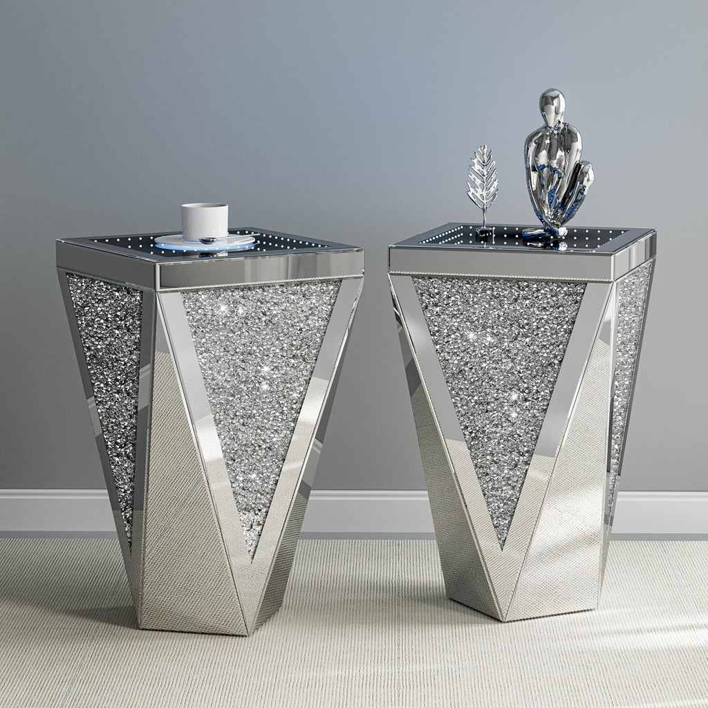 IKIFLY Set of 2 Mirrored End Table with Infinity Lights, Silver Nightstand with Crushed Diamond, Modern Side Table for Office Living Room Bedroom (Remote Control Included)