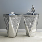 IKIFLY Set of 2 Mirrored End Table with Infinity Lights, Silver Nightstand with Crushed Diamond, Modern Side Table for Office Living Room Bedroom (Remote Control Included)