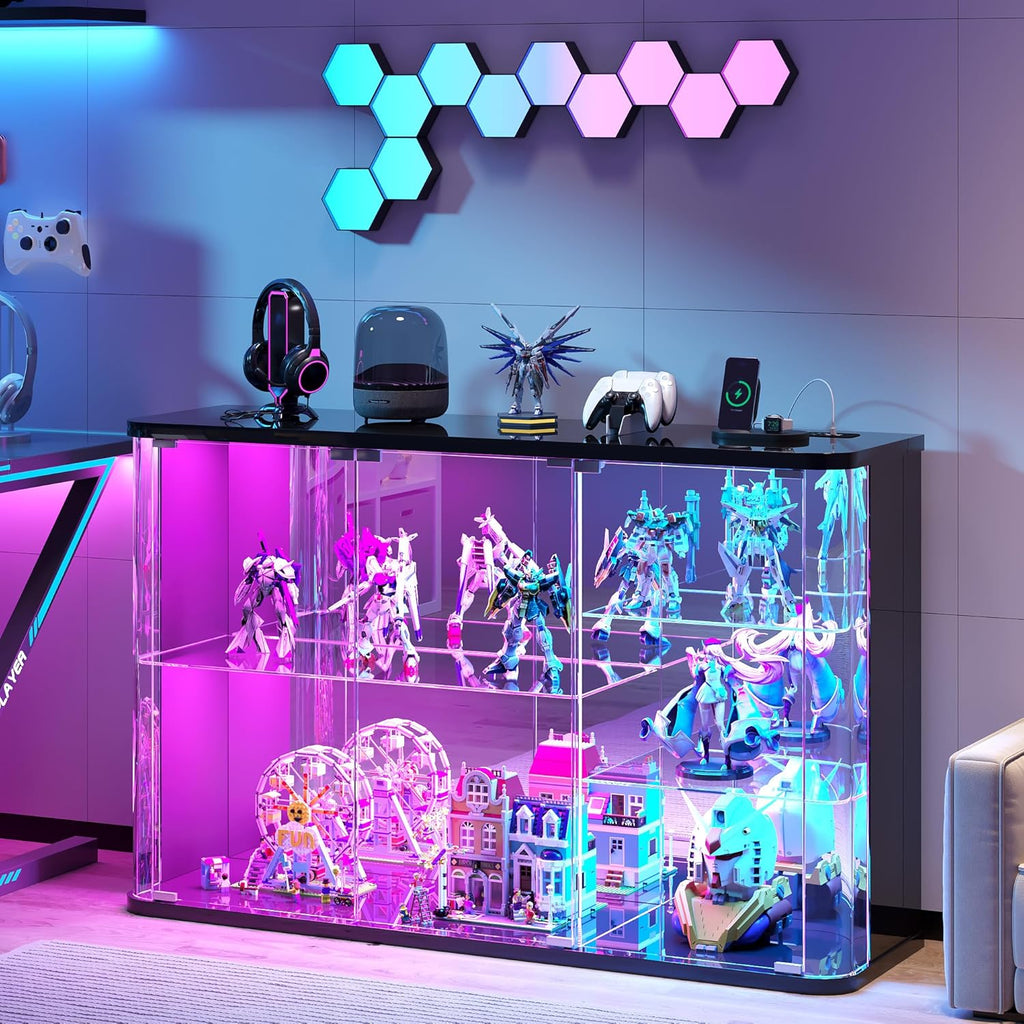 Dystler Glass Display Cabinet with RGB Lights, Rounded Display Case for Collectibles with Human Sensor Design, LED Curio Cabinet for Storage Action Figures/Trophy/Medal, Black