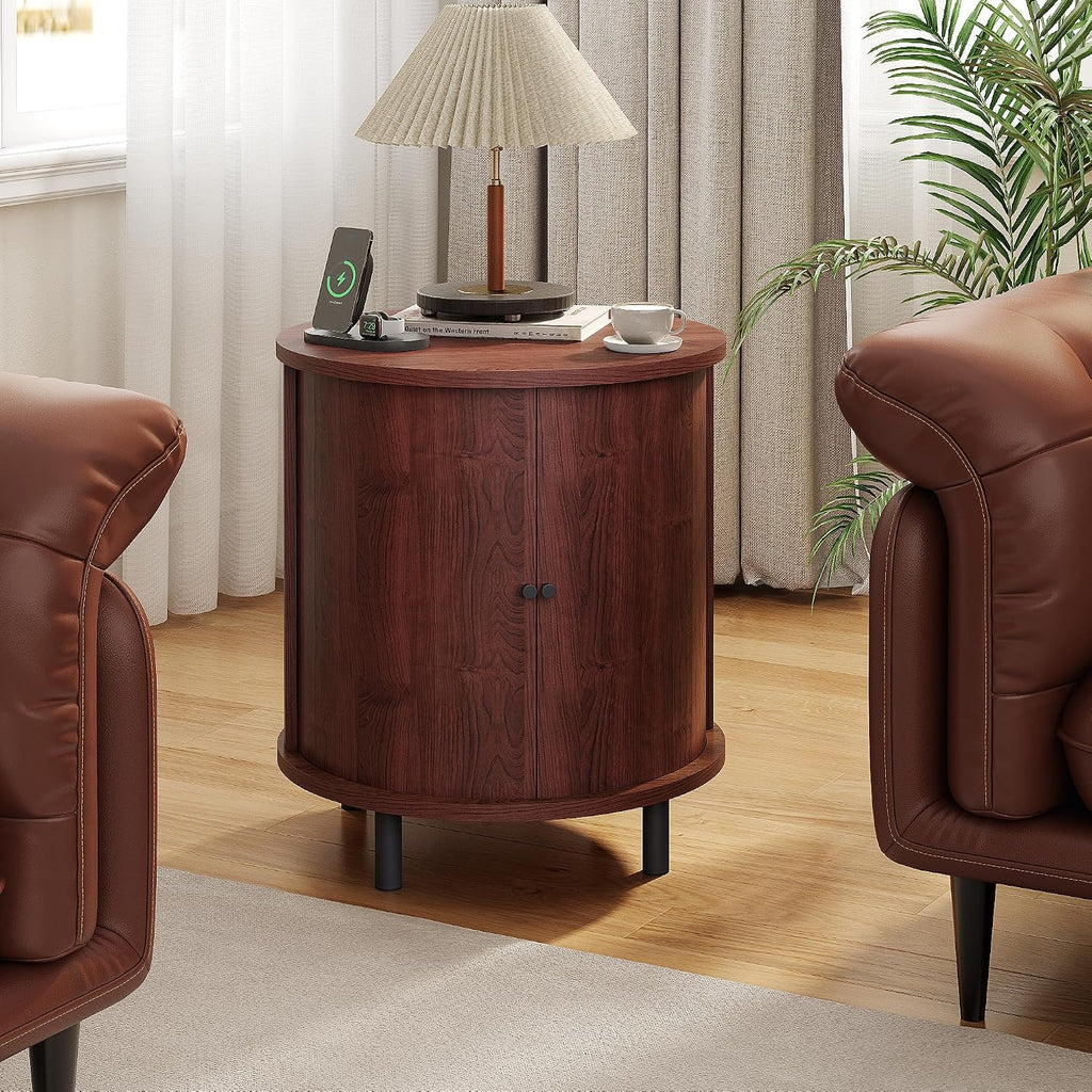 FROMJBEST Round End Table with Storage, Fluted Accent Side Table with Sliding Door, Mid-Century Nightstand for Small Spaces, Living Room, Bedroom (1, Walnut)