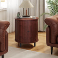 FROMJBEST Round End Table with Storage, Fluted Accent Side Table with Sliding Door, Mid-Century Nightstand for Small Spaces, Living Room, Bedroom (1, Walnut)