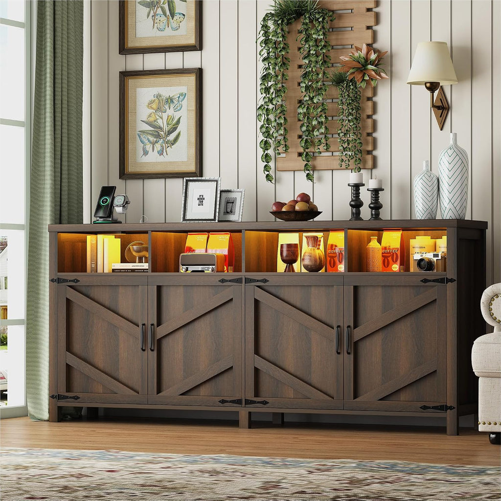knoworld Buffet Sideboard with Storage Farmhouse with 4 Doors, 55'' Large Kitchen Storage Cabinet Wood Coffee Bar Buffet Table for Kitchen, Dining Room (Brown with Power Outlets & LED Light, 63in)