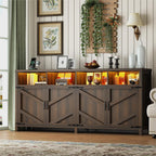 knoworld Buffet Sideboard with Storage Farmhouse with 4 Doors, 55'' Large Kitchen Storage Cabinet Wood Coffee Bar Buffet Table for Kitchen, Dining Room (Brown with Power Outlets & LED Light, 63in)