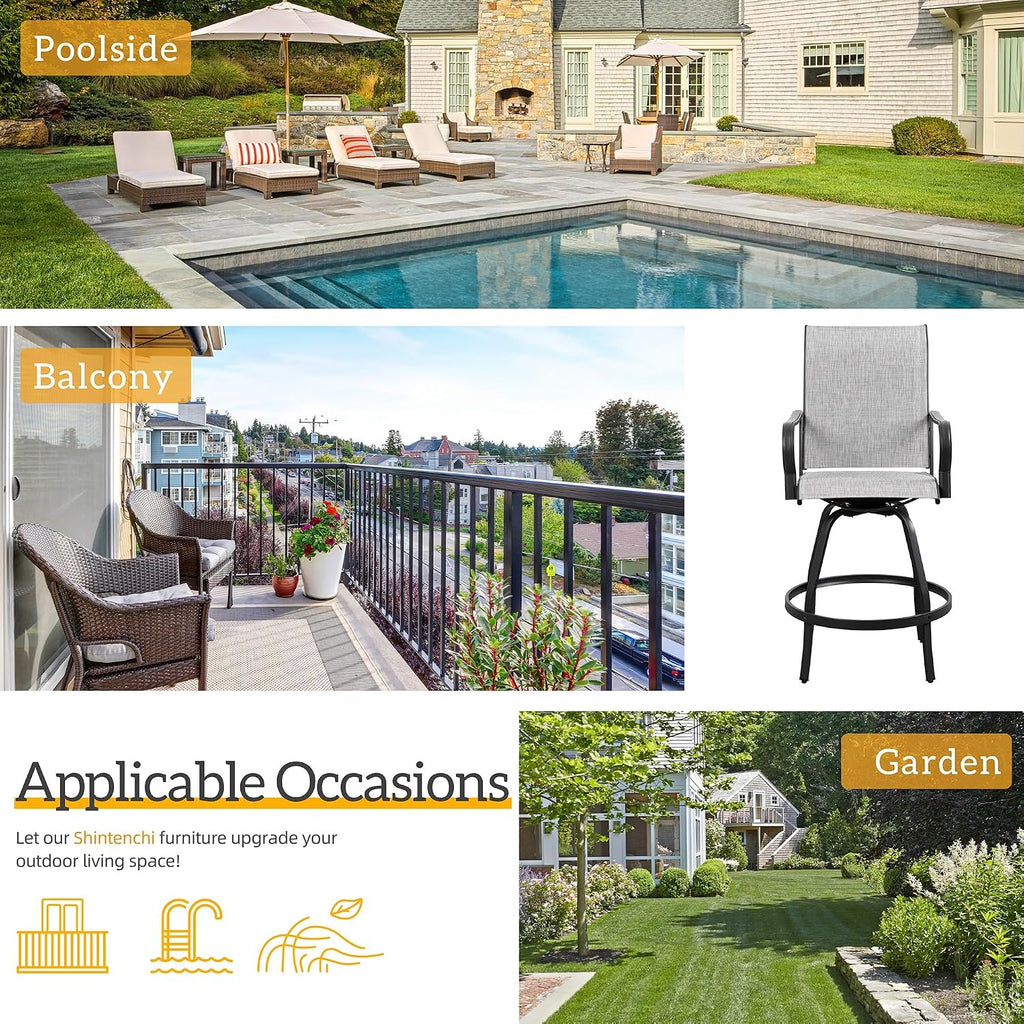 Shintenchi 4 Piece Patio Swivel Bar Chairs, All Weather Textile Outdoor Metal Bar Stools Patio Chairs Set of 4 with High Back, High Top Bistro Set Furniture for Balcony,Backyard,Garden,Deck,Light Grey