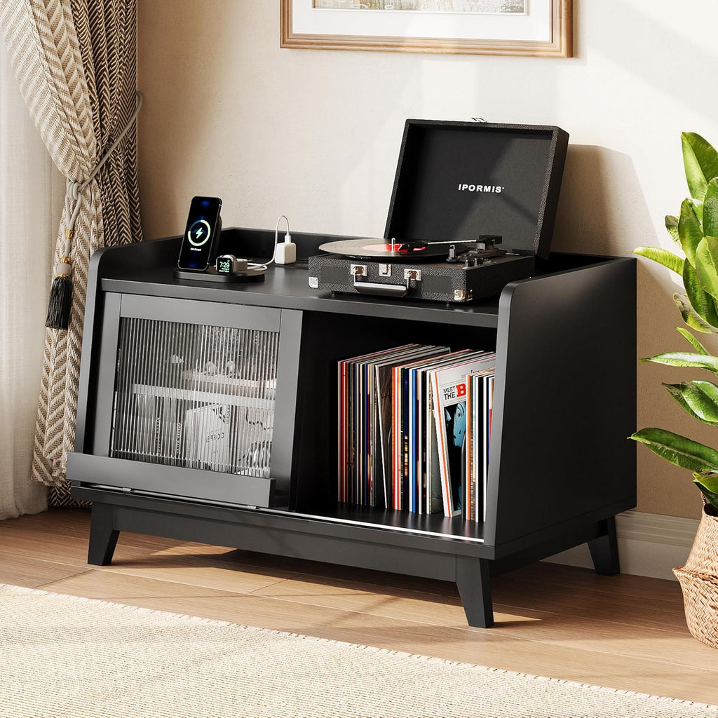 iPormis Record Player Stand with Vinyl Storage Up to 200 Albums, Record Player Table with Sliding Doors, Charging Station, Adjustable Shelf, Turntable Stand with Record Storage for Living Room, Black
