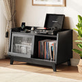 iPormis Record Player Stand with Vinyl Storage Up to 200 Albums, Record Player Table with Sliding Doors, Charging Station, Adjustable Shelf, Turntable Stand with Record Storage for Living Room, Black