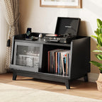 iPormis Record Player Stand with Vinyl Storage Up to 200 Albums, Record Player Table with Sliding Doors, Charging Station, Adjustable Shelf, Turntable Stand with Record Storage for Living Room, Black