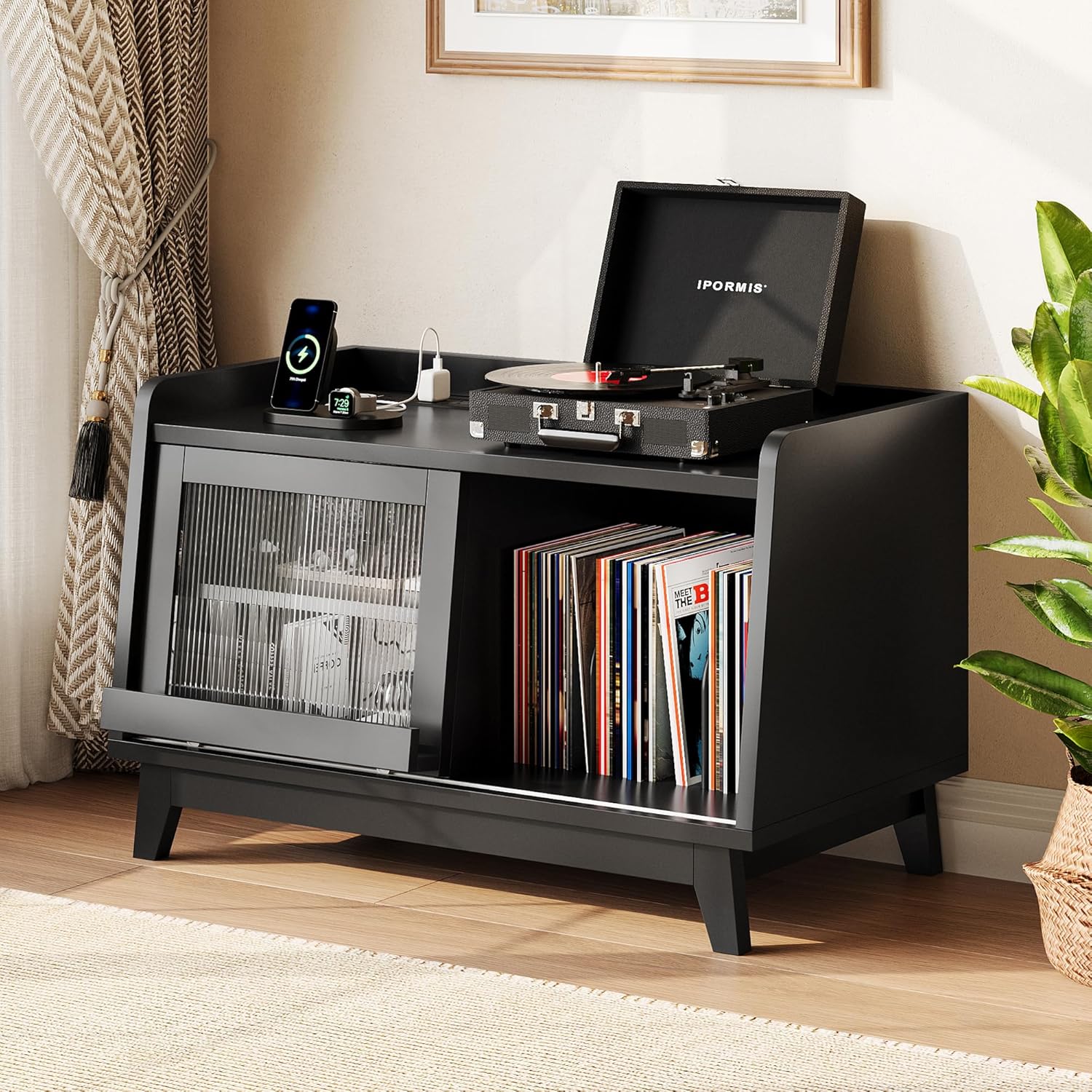 iPormis Record Player Stand with Vinyl Storage Up to 200 Albums, Record Player Table with Sliding Doors, Charging Station, Adjustable Shelf, Turntable Stand with Record Storage for Living Room, Black