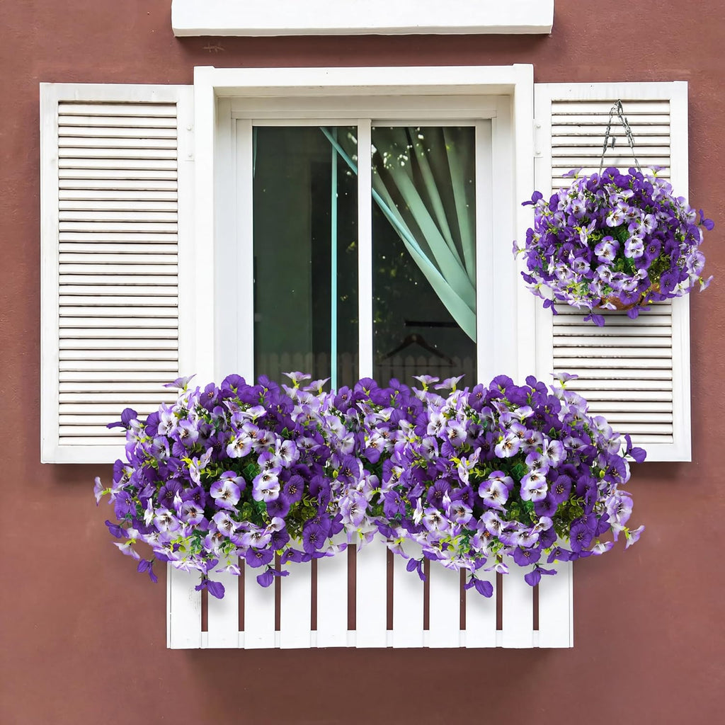 Artificial Pansy Flowers for Outdoors 12 Bundles Realistic Faux Plants UV Resistant Fake Silk Pansy with Eucalyptus for Box Planter Patio Porch Outside Spring Summer Decoration(Gradient Purple)