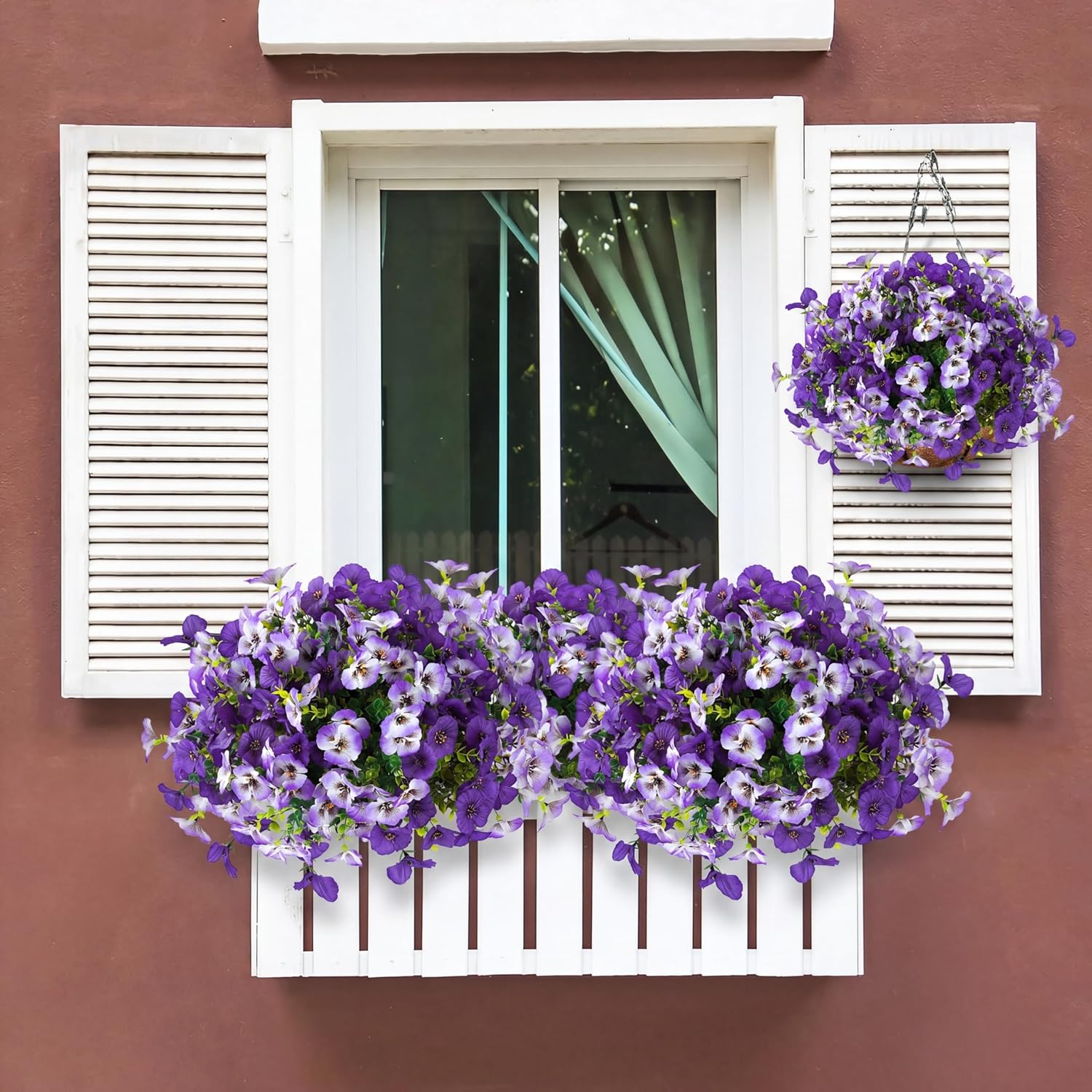 Artificial Pansy Flowers for Outdoors 12 Bundles Realistic Faux Plants UV Resistant Fake Silk Pansy with Eucalyptus for Box Planter Patio Porch Outside Spring Summer Decoration(Gradient Purple)