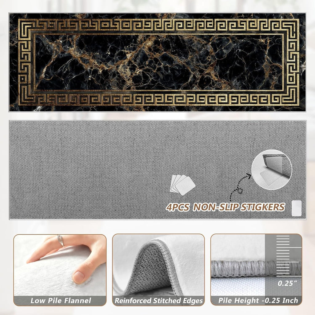 Greek Key Runner Rug 2x10 Washable Runners for Hallways, Non Slip Kitchen Runner Marble Printed Faux Wool Entryway Runner Indoor, Modern Black and Gold Floor Carpet for Hall Kitchen Bedroom