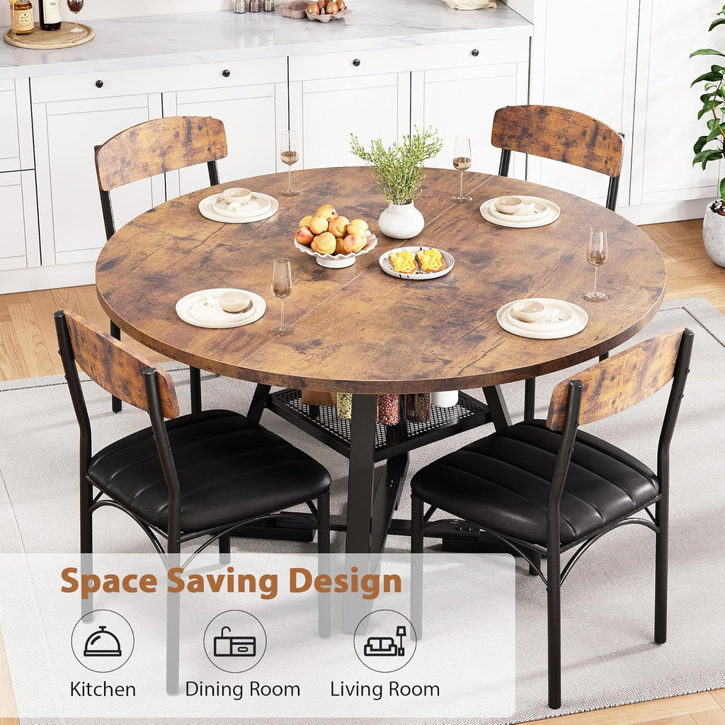 Dining Table Set for 4,Kitchen Table and Chairs for 4, Round Dining Room Table with Upholstered Chairs, 5 Piece Space Saving Circle Wood Kitchen & Dining Room Dinner Dinette Table Set (Vintage, 42In)