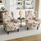 Pia Ricco High Back Floral Accent Chair - Retro Wingback Upholstered Armchair with Nailhead Trim, Solid Wood Legs, Fabric Living Room Bedroom Reading Chair (Flower Beige)