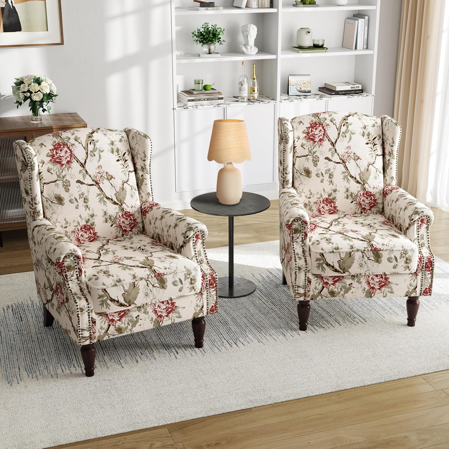 Pia Ricco High Back Floral Accent Chair - Retro Wingback Upholstered Armchair with Nailhead Trim, Solid Wood Legs, Fabric Living Room Bedroom Reading Chair (Flower Beige)