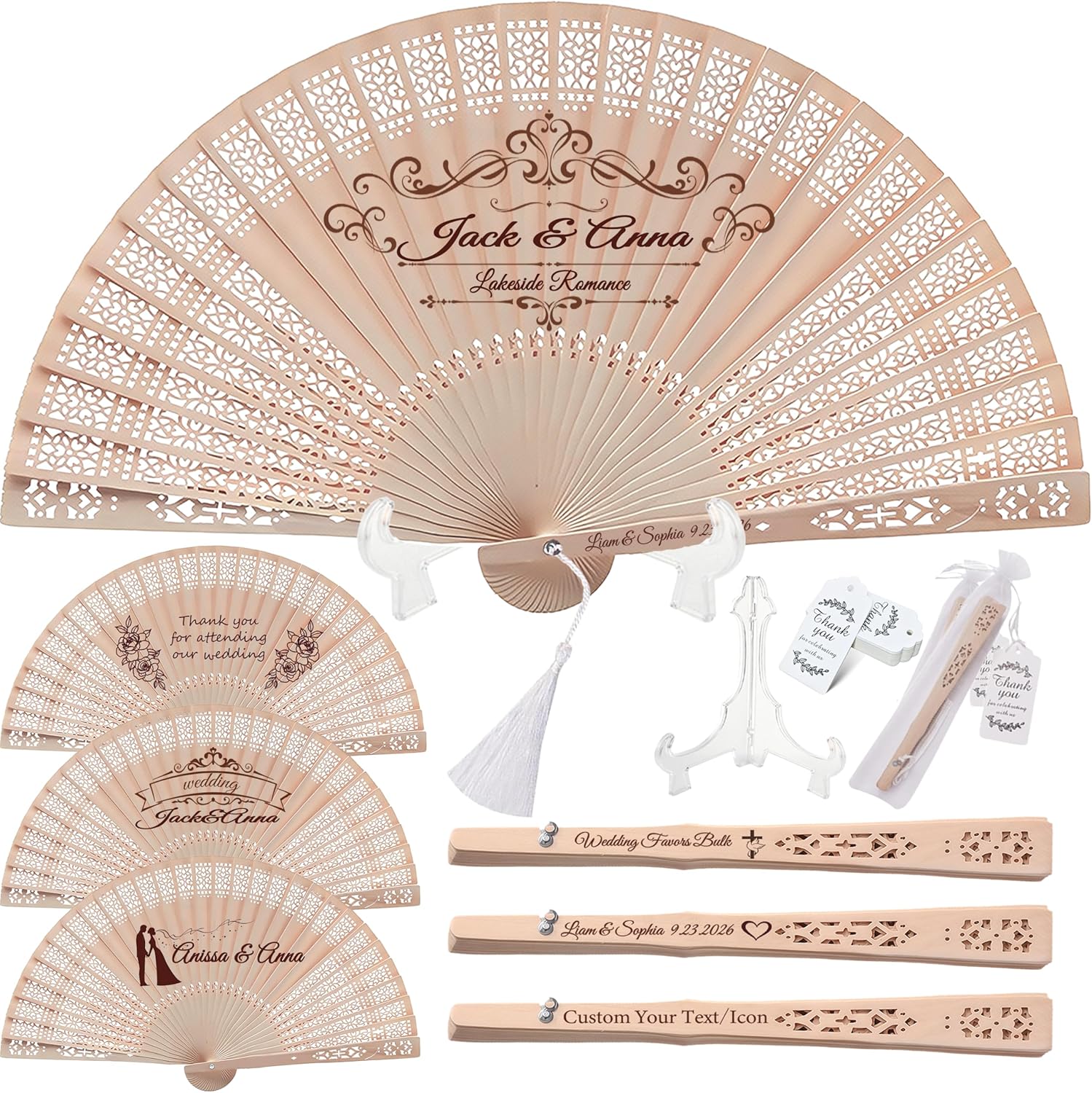 Custom Fans for Wedding Guests,Personalized Wooden Folding Hand Fans in Bulk with Organza Bags & Tassels,Wedding Favors,Baby Shower & Party Favors (30PCS)