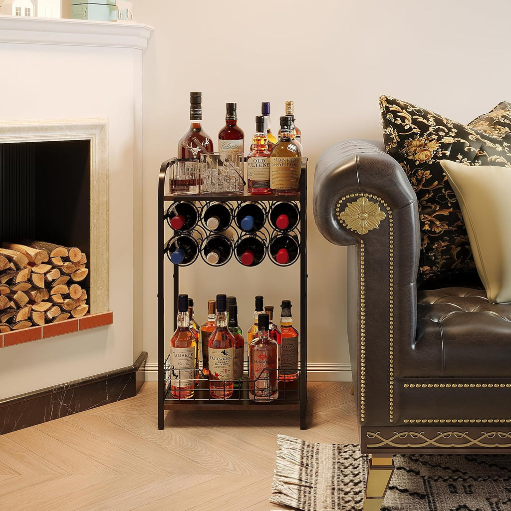 3-Tier Wine Rack Freestanding Floor Cabinet Corner Bar Cabinet Bar Cart,12 Individual Wine Storage Bottle Compartments Corner Bar Cabinet Holder,Wood + Black Frame Liquor Cabinet