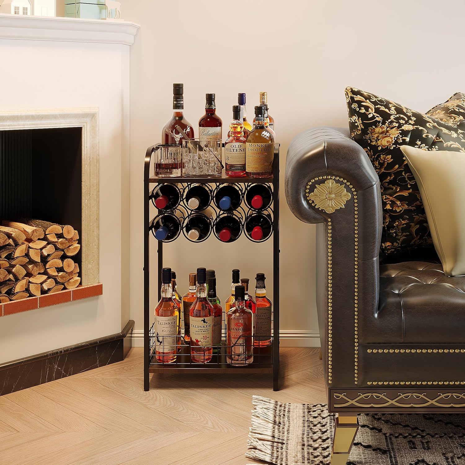 3-Tier Wine Rack Freestanding Floor Cabinet Corner Bar Cabinet Bar Cart,12 Individual Wine Storage Bottle Compartments Corner Bar Cabinet Holder,Wood + Black Frame Liquor Cabinet