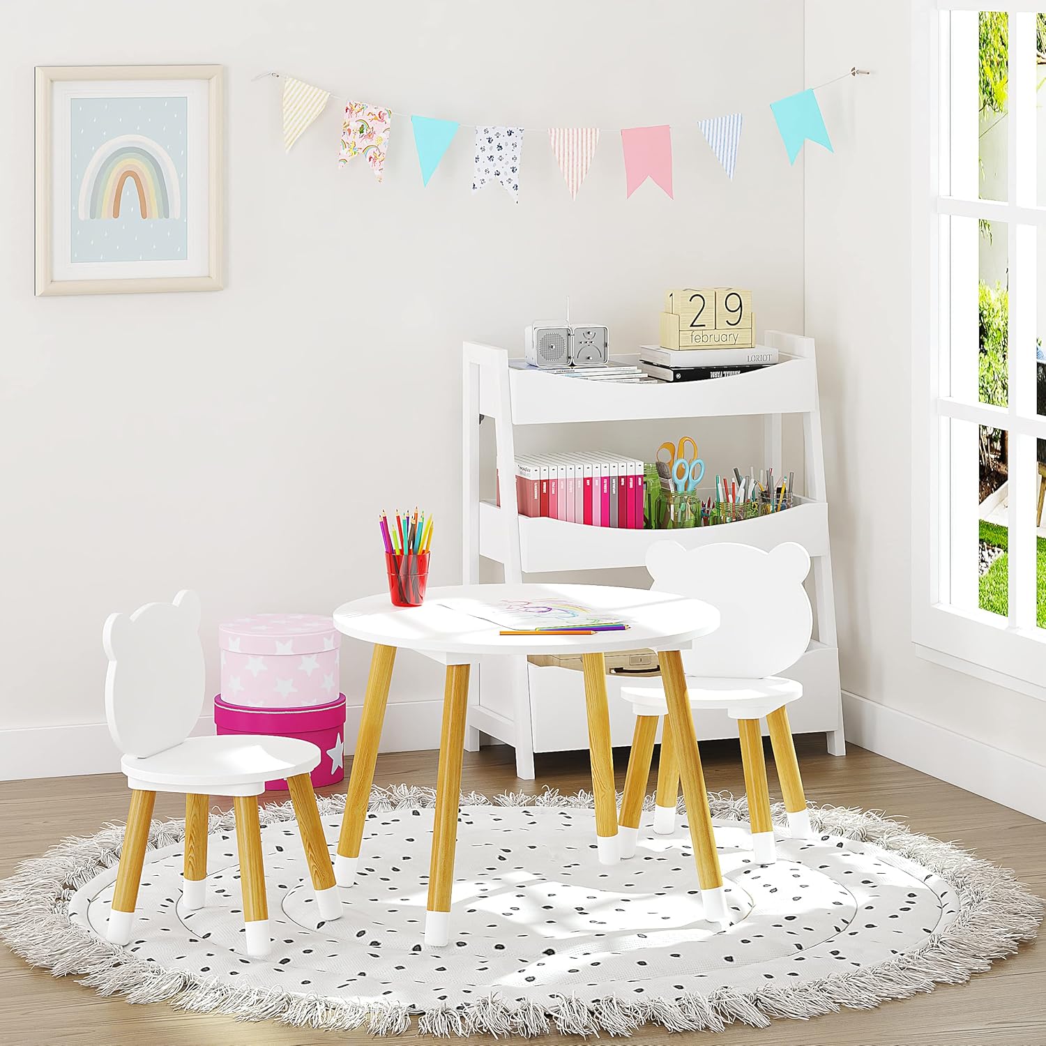 UTEX Kids Wood Table and Chair Set, Kids Play Table with 2 Chairs,3 Pieces Wood Round Table for Toddlers, Girls, Boys,White