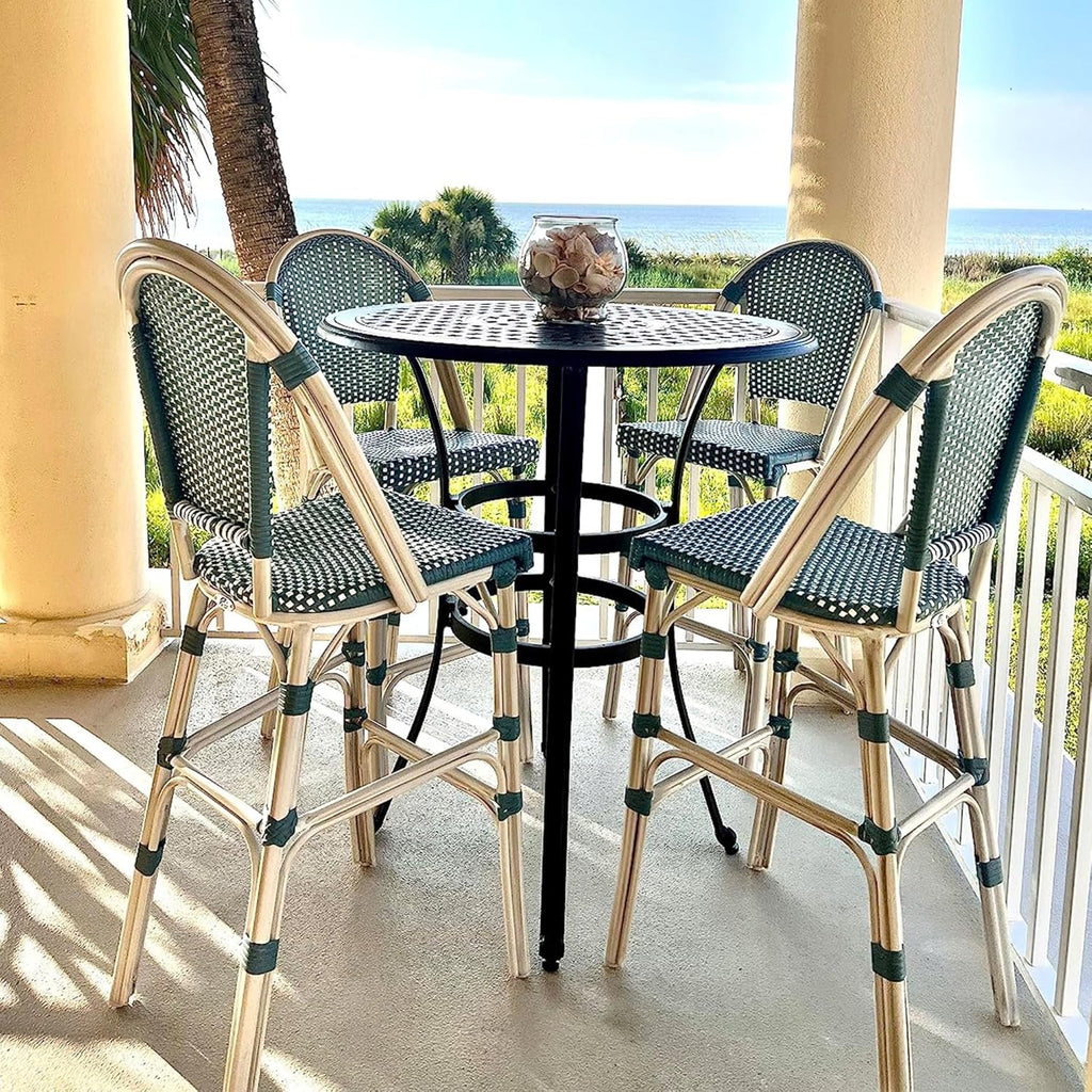 PURPLE LEAF French Counter Height Bar Stool Set of 2 25" White Print Finish Patio Bar Chairs with Back Rattan Bar Chairs French Bistro Set for Kitchen Outdoor Counter Stool Light Blue