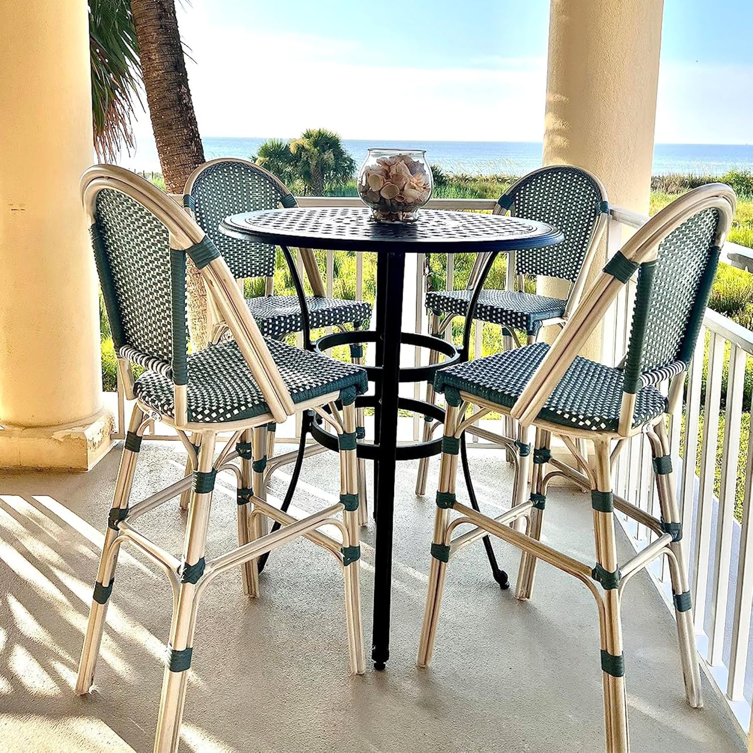 PURPLE LEAF French Counter Height Bar Stool Set of 2 25" White Print Finish Patio Bar Chairs with Back Rattan Bar Chairs French Bistro Set for Kitchen Outdoor Counter Stool Light Blue