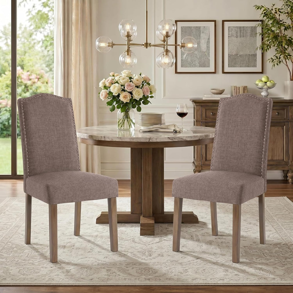 Upholstered Dining Chair Modern Stylish Parsons Kitchen Diner High Back with Silver Nailhead Trim & Wood Legs, Set of 4, Fabric Brown