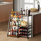 Homeiju Liquor Cabinet Bar for Home Bar, 3 Tier Wine Rack Freestanding Floor with Glass Holder and Fences, Trapezoidal Liquor Bottle Display Shelf for Liquor Whiskey Wine, Brown