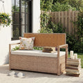 Outdoor Storage Bench with Cushion, 2-Person All-Weather PE Rattan Patio Bench with Backrest & Armrests, Waterproof Wicker Deck Box Seat for Garden, Porch, Poolside & Backyard, Metal Frame，Yellow