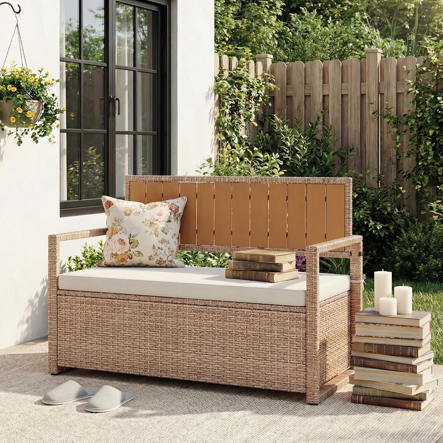 75 Gallon Outdoor Storage Bench, 2-Seater PE Rattan Deck Box with Cushion & Backrest, Waterproof Patio Seat with Acacia Wood Armrests & Metal Frame for Porch, Backyard, Garden, Poolside