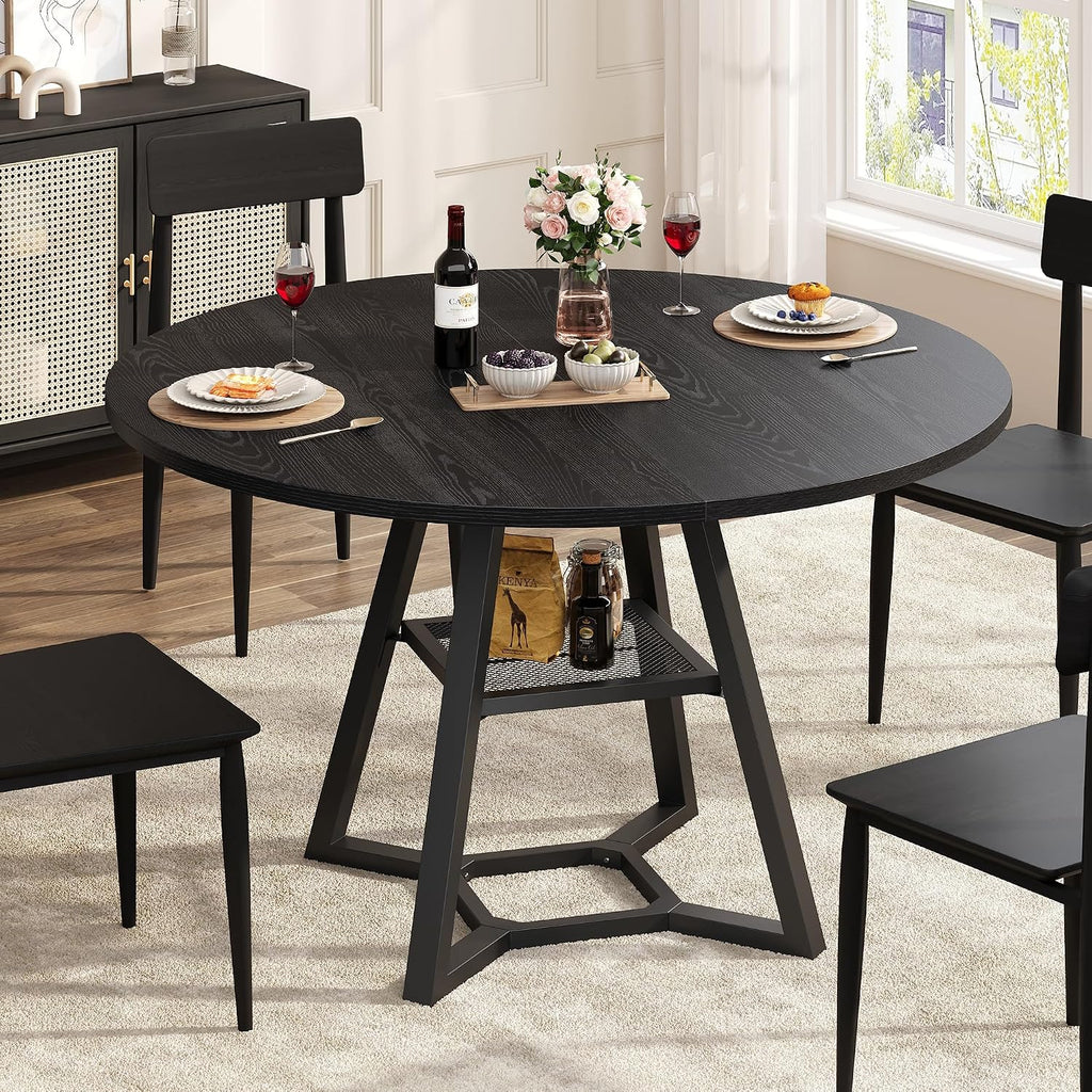knoworld Round Dining Table for 4, Kitchen Tables Dining Room Circle Dinner Table with Pedestal Metal Frame, Space Saving Wood Industrial Kitchen Tables for Dining Room, Living Room, Black, 47 Inch