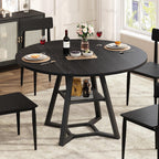 knoworld Round Dining Table for 4, Kitchen Tables Dining Room Circle Dinner Table with Pedestal Metal Frame, Space Saving Wood Industrial Kitchen Tables for Dining Room, Living Room, Black, 47 Inch